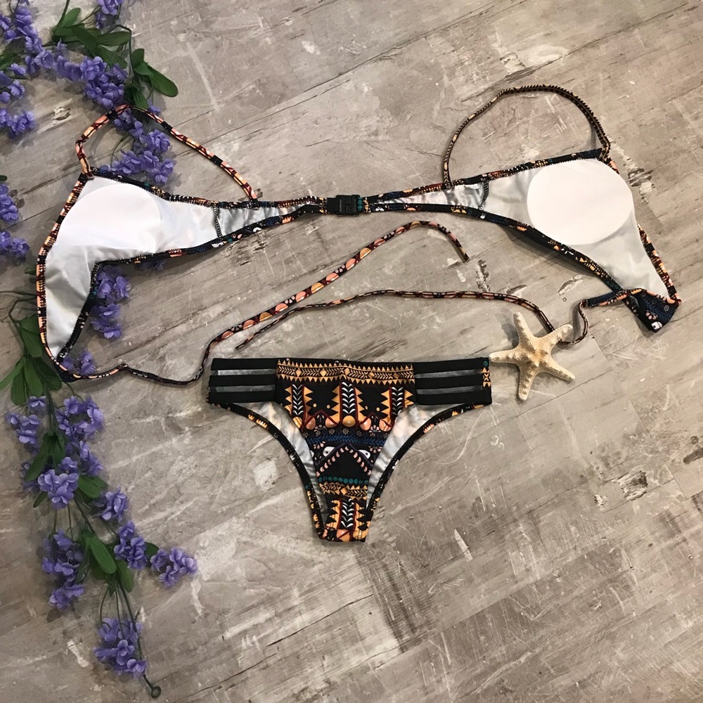 Aztec Bandage Strappy Bikini Swimsuit Bra Cups - Picture 3 of 4